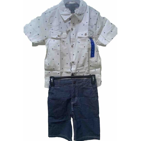 Lucky Brand Boys 2pc Button Up Shirt/Denim Shorts Set Clover Woven - Size 7 - Picture 1 of 10